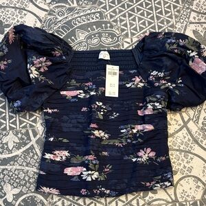 Floral Puff-Sleeve Navy Girl’s Top